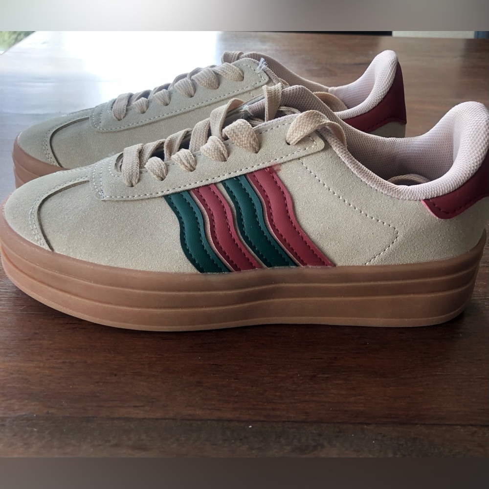 UK KAPRIS STACKED TRAINERS - Tan With Red and Green Stripes + NWT